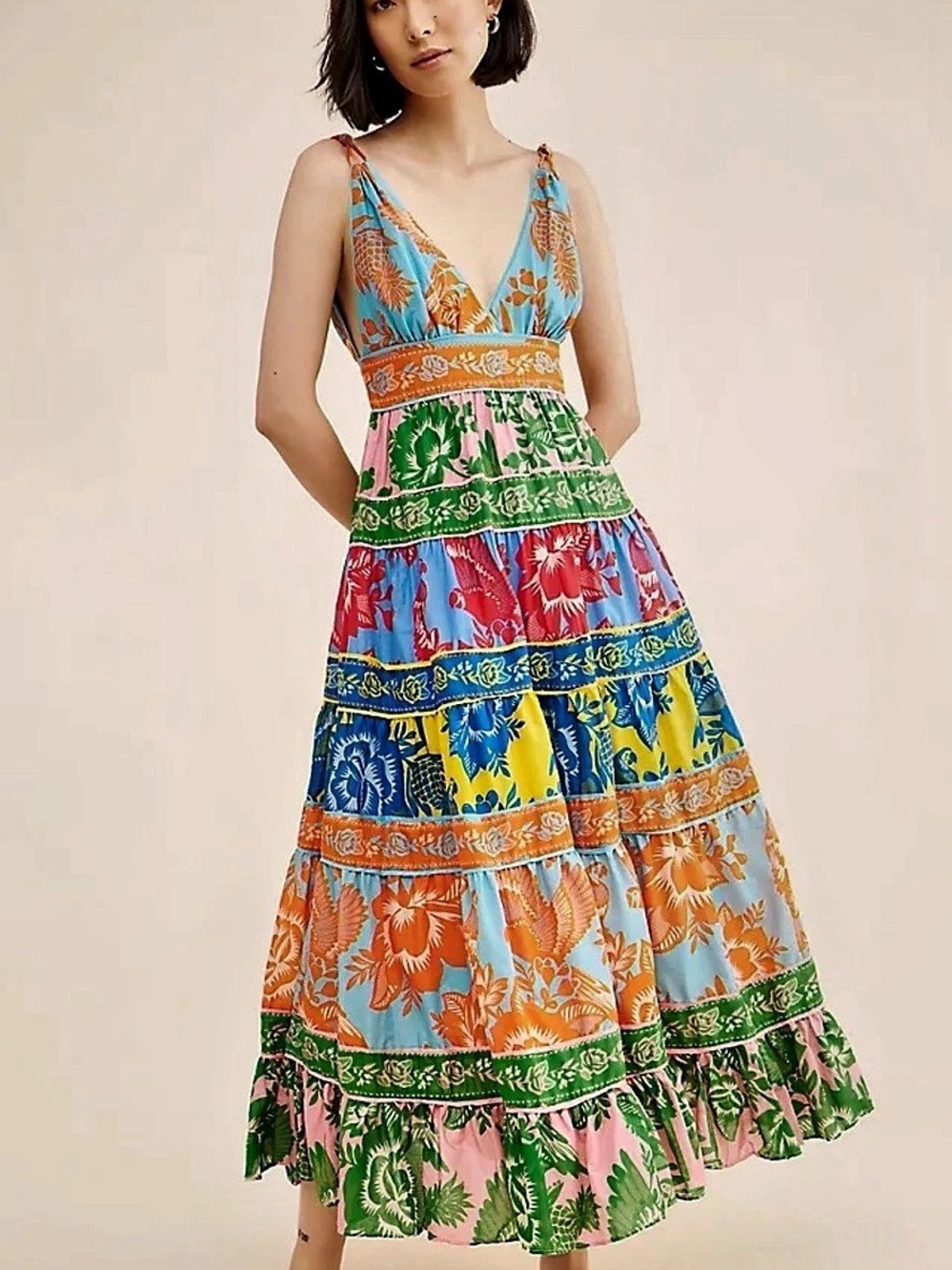 FARM Rio Multicolor Patchwork Floral Tiered Maxi Dress L NWOT